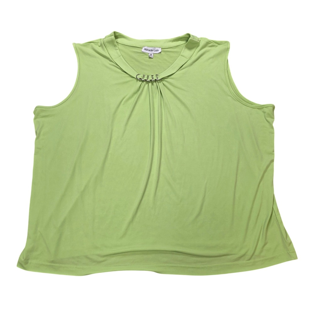 Southern Lady Sleeveless Pleated Blouse Women's Size 3X Green Neck Silver Ring